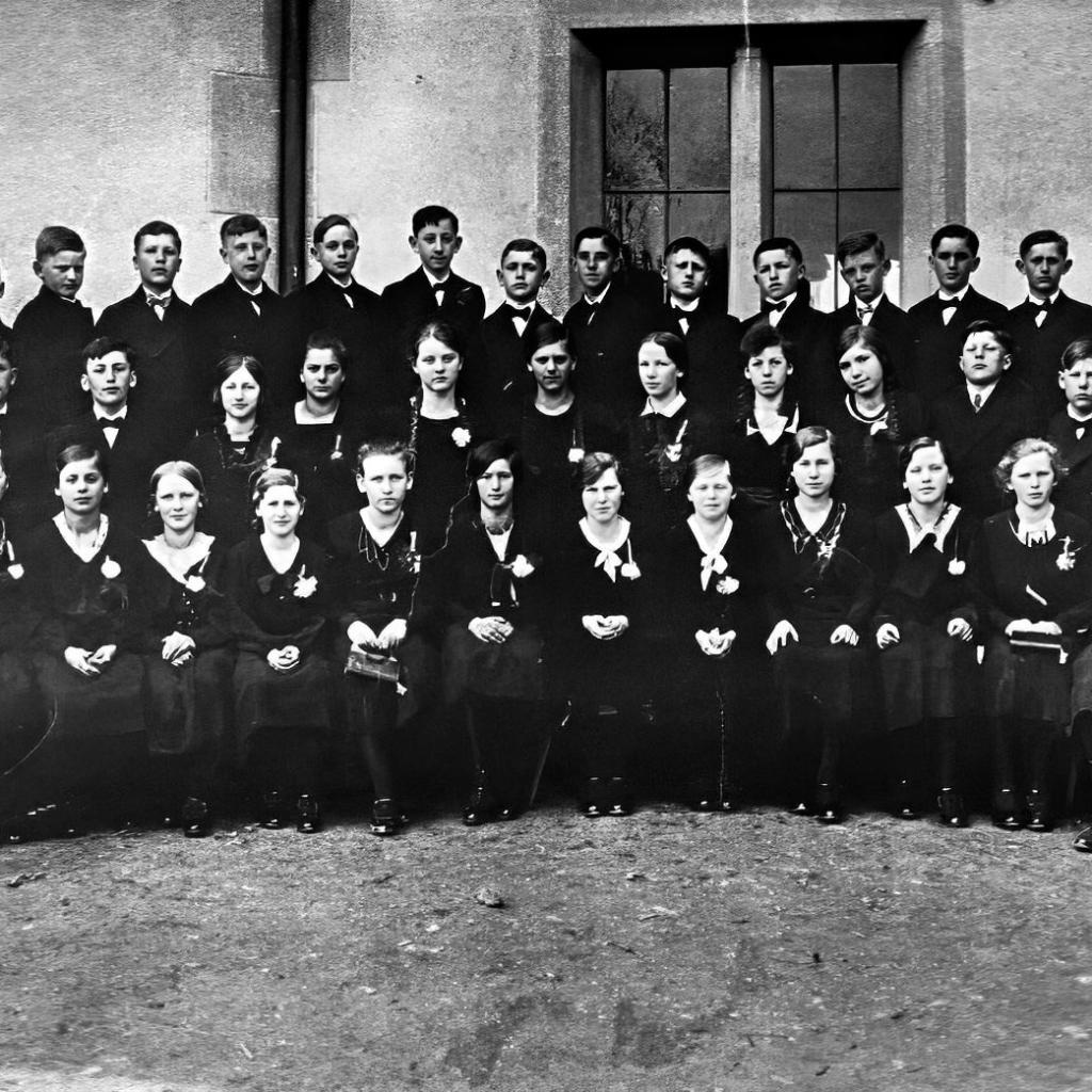 ????: Geburtsjahrgang 1920 / 1921 mit Lehrer Sauter (links) und Pfarrer Kienle (rechts) (Quelle: evangelische Gemeinde)