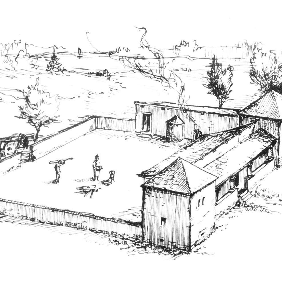 1962: Zeichnung des römischen Gutshofes von Kurt Müller im Lachenhau  an der Ausgrabung des römischen Gutshofs im Lachenhau (heute Kreuzung Keltenstraße und Hallstattstraße) (Quelle: Walter Brants)