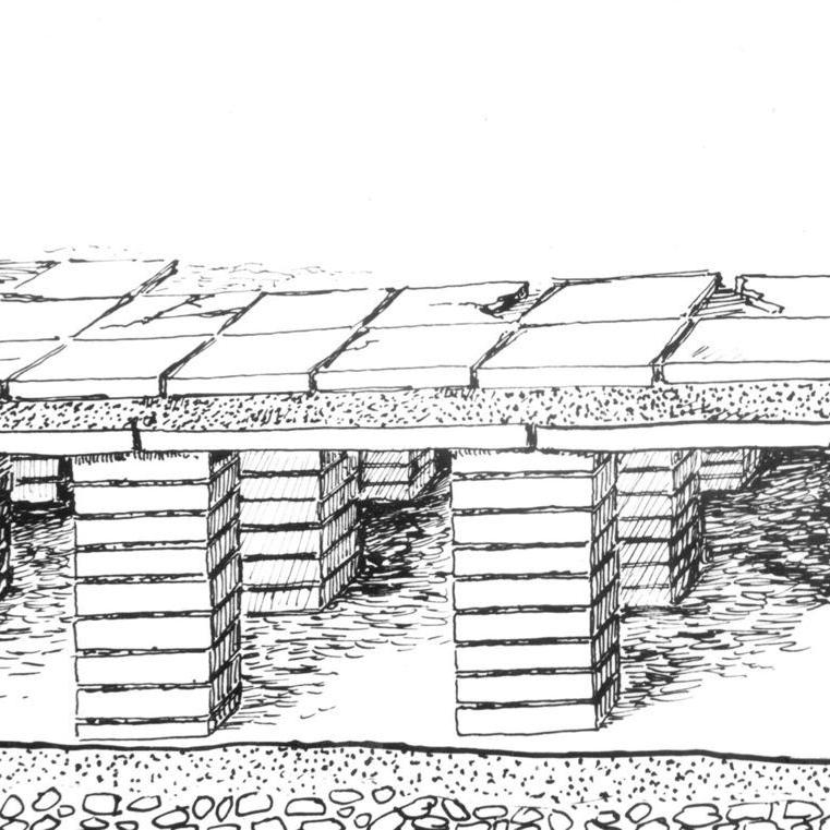 1962: Zeichnung des Hypocaustum (Kurt Müller)  an der Ausgrabung des römischen Gutshofs im Lachenhau (heute Kreuzung Keltenstraße und Hallstattstraße) (Quelle: Walter Brants)