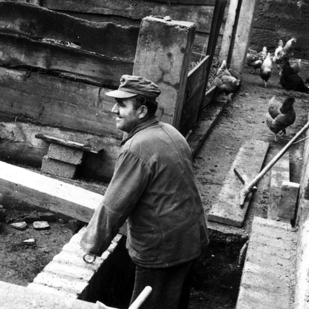 1966: Ortsobmann Erich Kern beim Bau einer neuen Treppe umgeben von seinen Hühnern am Haus Neckartenzlinger Straße 19 (früher Hauptstraße 28) (Quelle: Martha Kern)