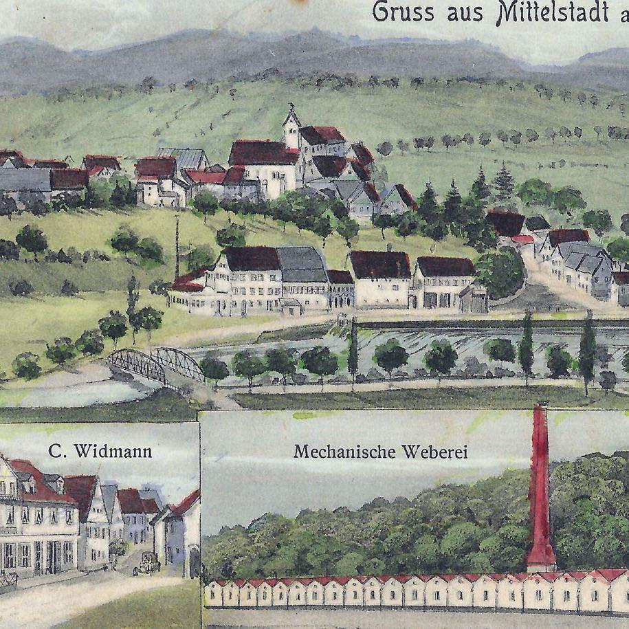 1909: Postkarte: Gruß aus Mittelstadt a. Neckar,  Drogerie  C. Widmann und mechanische Weberei (Quelle: Manfred Knecht)